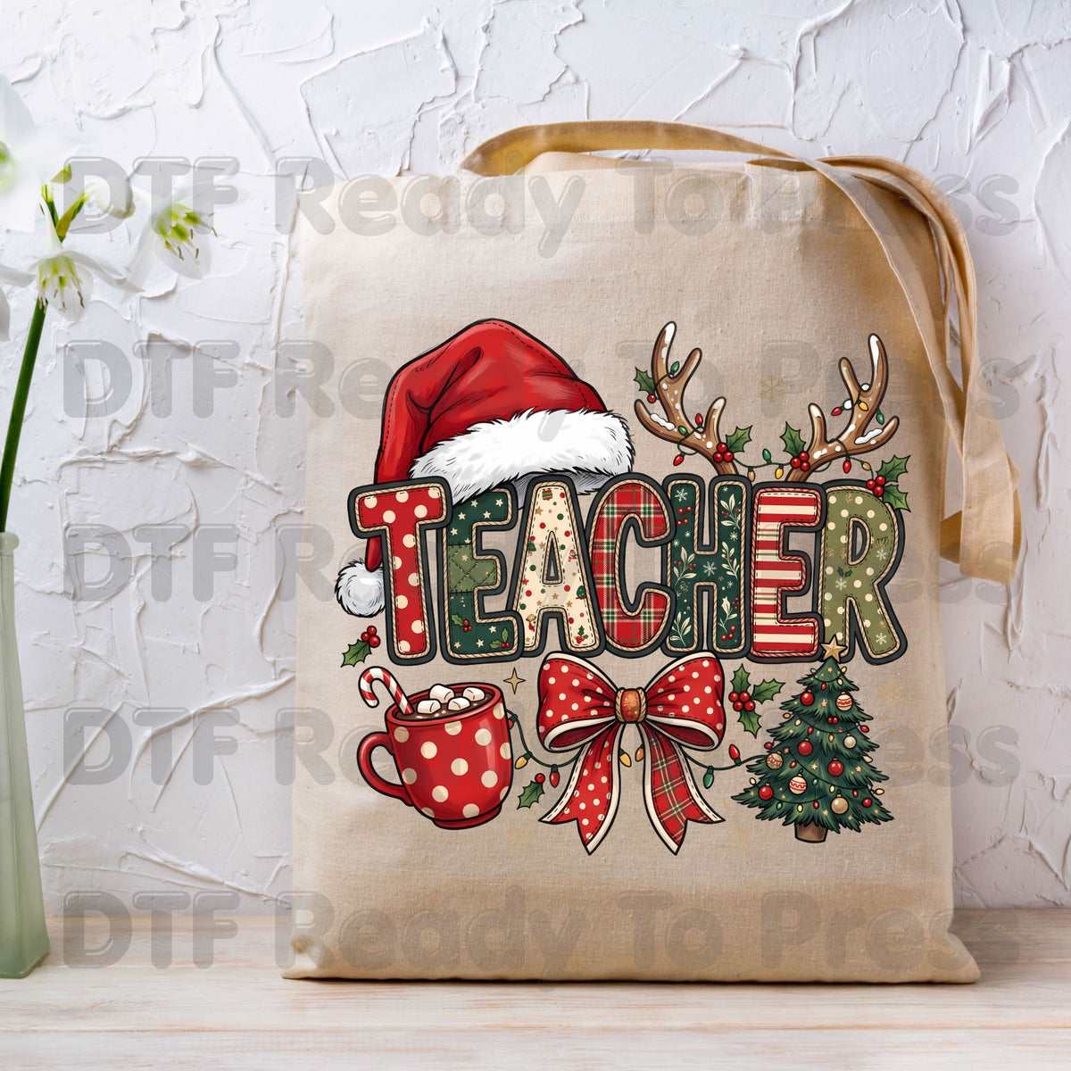 Christmas Teacher Santa Hat DTF Transfers, Holiday School Cocoa Tree Bow Graphic Ready to Press