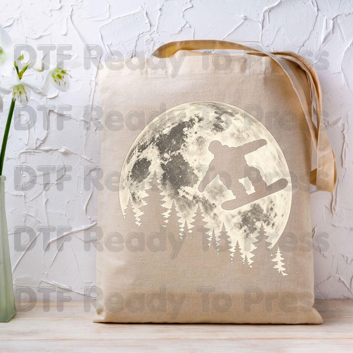 Snowboarding DTF Transfer, Full Moon Snowboarder and Pine Tree Silhouette