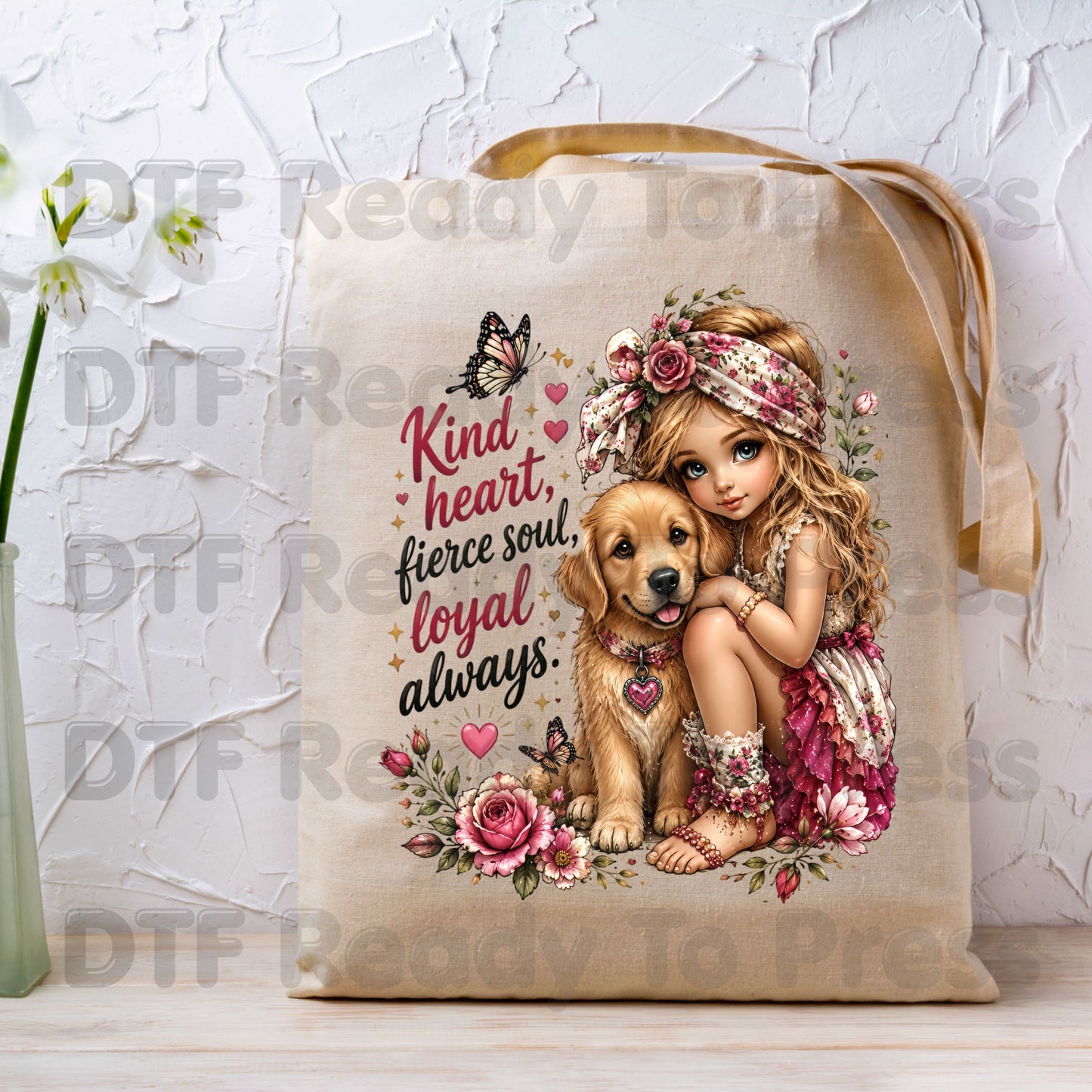Dog DTF Transfers, Kind Heart Fierce Soul Loyal Always Golden Retriever Puppy Floral Ready to Press