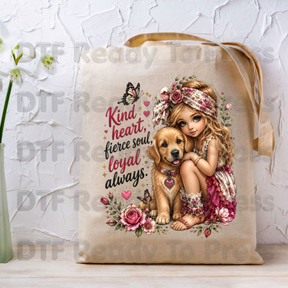 Dog DTF Transfers, Kind Heart Fierce Soul Loyal Always Golden Retriever Puppy Floral Ready to Press