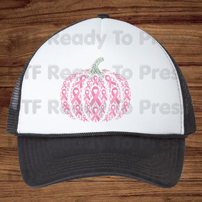 Pink Ribbon Pumpkin Breast Cancer Awareness DTF Transfer Ready to Press Fall Heat Transfer Tee