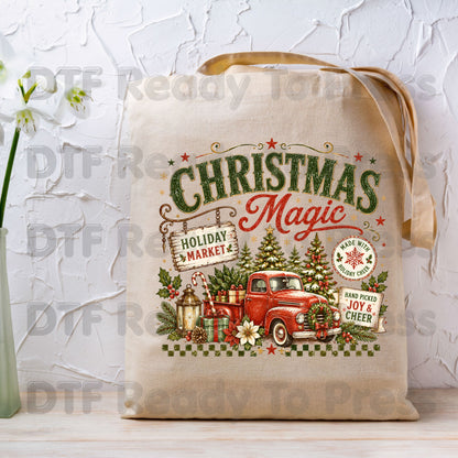 Magic Red Truck Christmas DTF Transfers, Tree Holiday Market Vintage Ready to Press