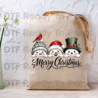 Christmas DTF Transfer, Merry Christmas Snowmen and Red Cardinals