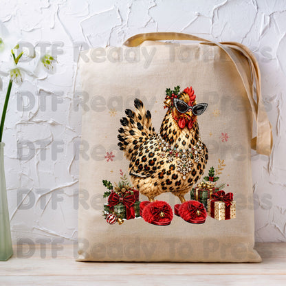 Funny Chicken DTF Transfers, Leopard Print Sunglasses Red Slippers Christmas Holiday Ready to Press