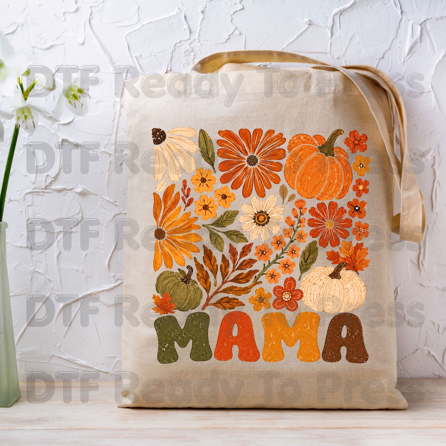 Mama Fall Floral Pumpkins DTF Transfers, Retro Groovy Autumn Flowers Thanksgiving Ready to Press