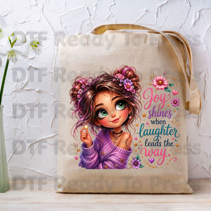 Joy Shines Laughter DTF Transfers, Cute Space Buns Girl Floral Quote Ready to Press
