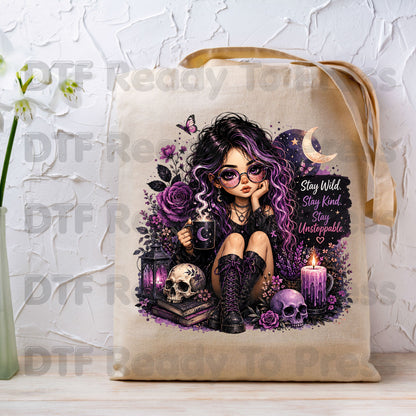 Stay Wild Stay Kind DTF Transfers, Purple Goth Girl Skull Crescent Moon Witchy Ready to Press
