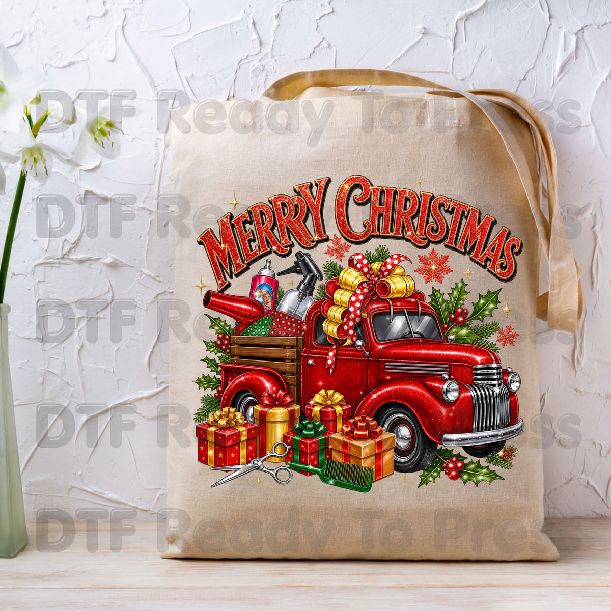 Merry Christmas Red Truck DTF Transfers, Holiday Hair Stylist Salon Presents Graphic Ready to Press