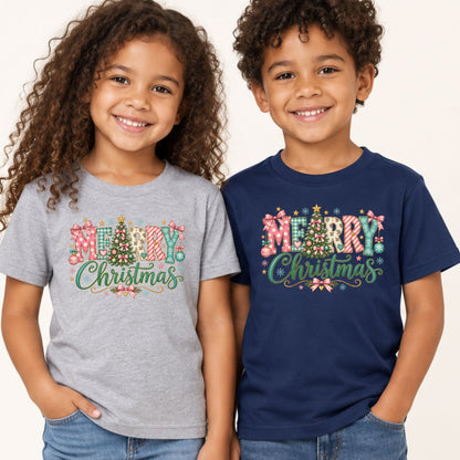 Pastel Pink Bow Christmas T-Shirt, Merry Christmas Tree Graphic Tee, Cute Coquette Holiday Shirt
