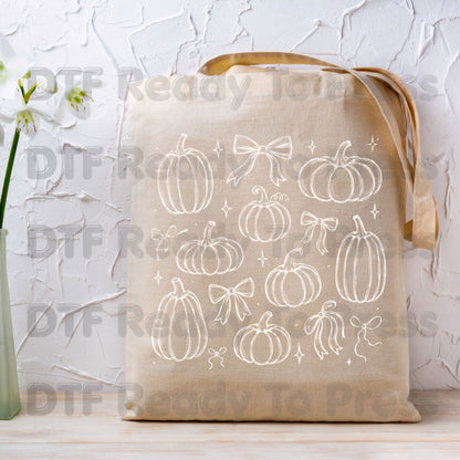 Halloween DTF Transfers, Coquette Pumpkins Bows Line Art Fall Pumpkin Outline Ready to Press