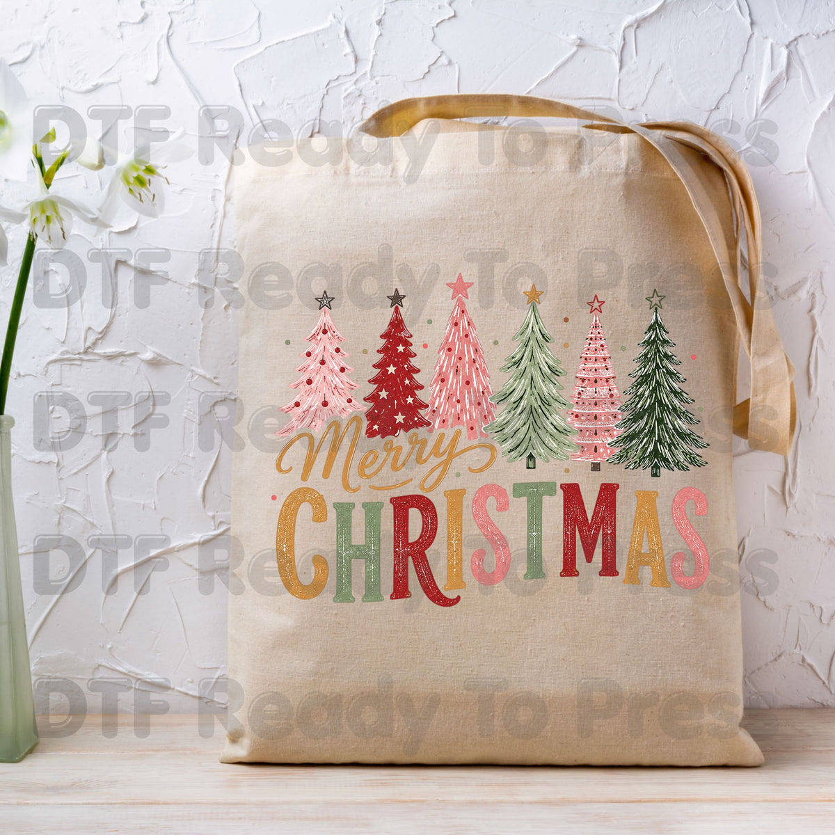 Christmas DTF Transfer, Colorful Christmas Trees, Gold Script