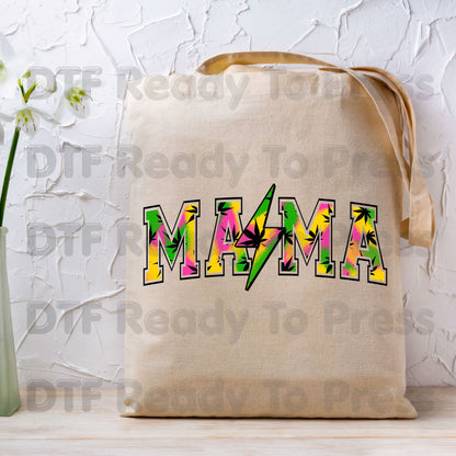 Mama DTF Transfers, Weed Leaf Lightning Bolt Colorful Tie Dye Retro Mama Ready to Press