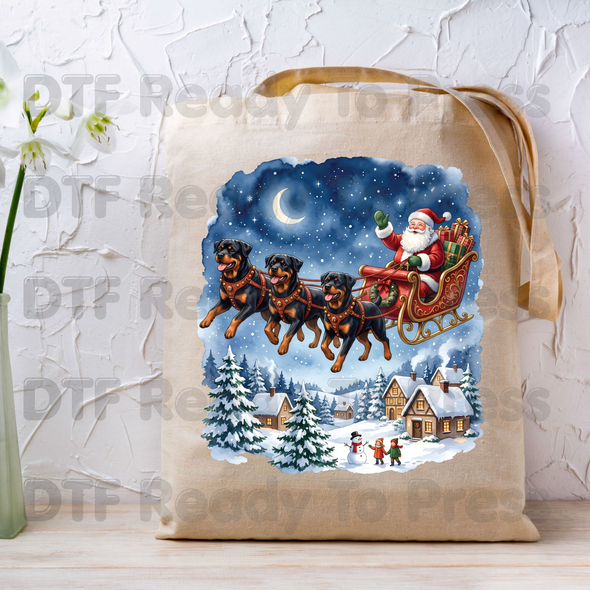 Christmas DTF Transfer, Santa Sleigh with Flying Rottweiler Dogs