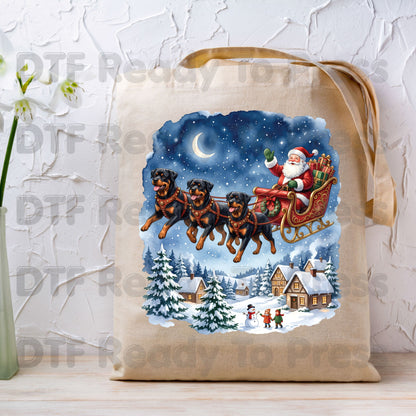 Christmas DTF Transfer, Santa Sleigh with Flying Rottweiler Dogs