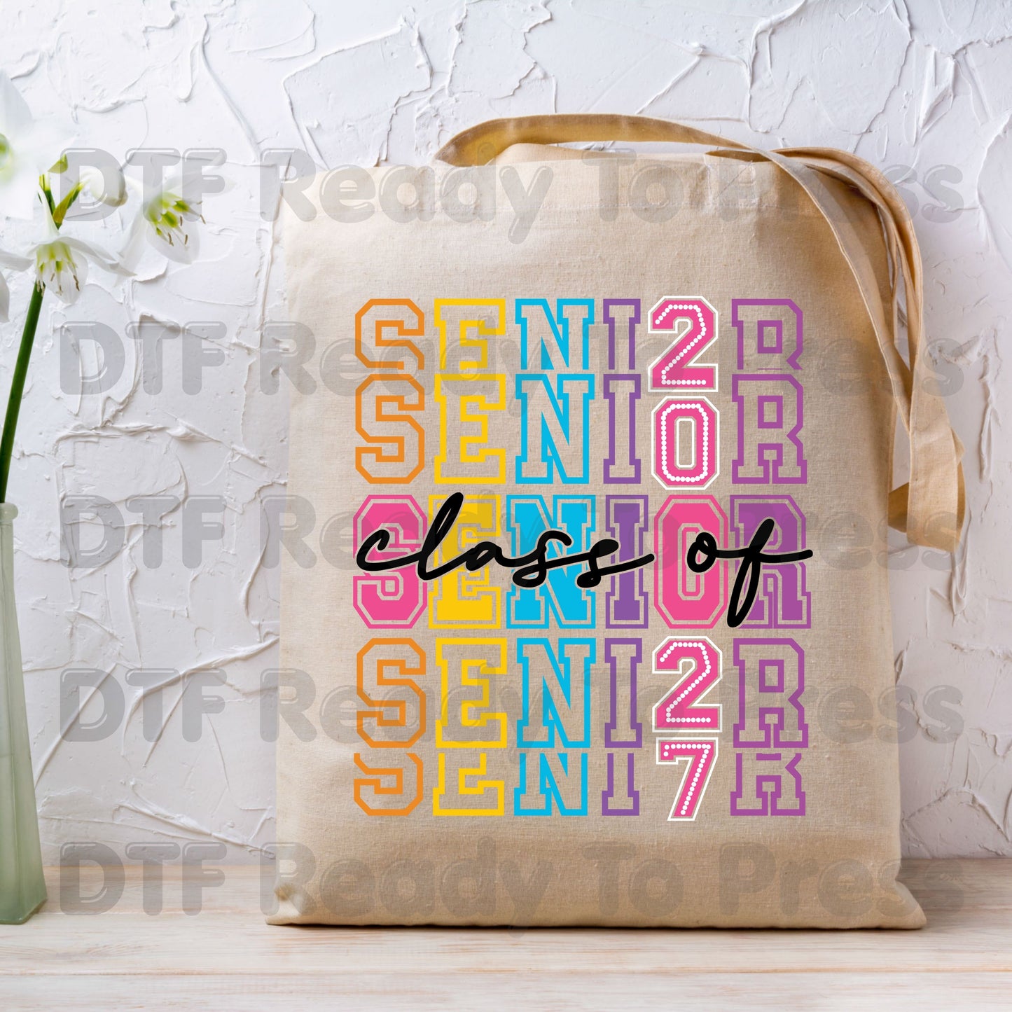 Colorful Senior Class of 2027 DTF Transfers, Retro Stacked Varsity Letters Pastel Graduation Ready to Press