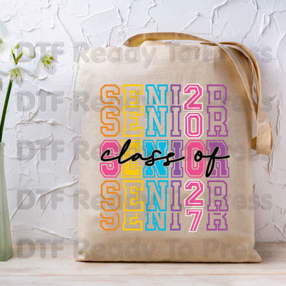 Colorful Senior Class of 2027 DTF Transfers, Retro Stacked Varsity Letters Pastel Graduation Ready to Press