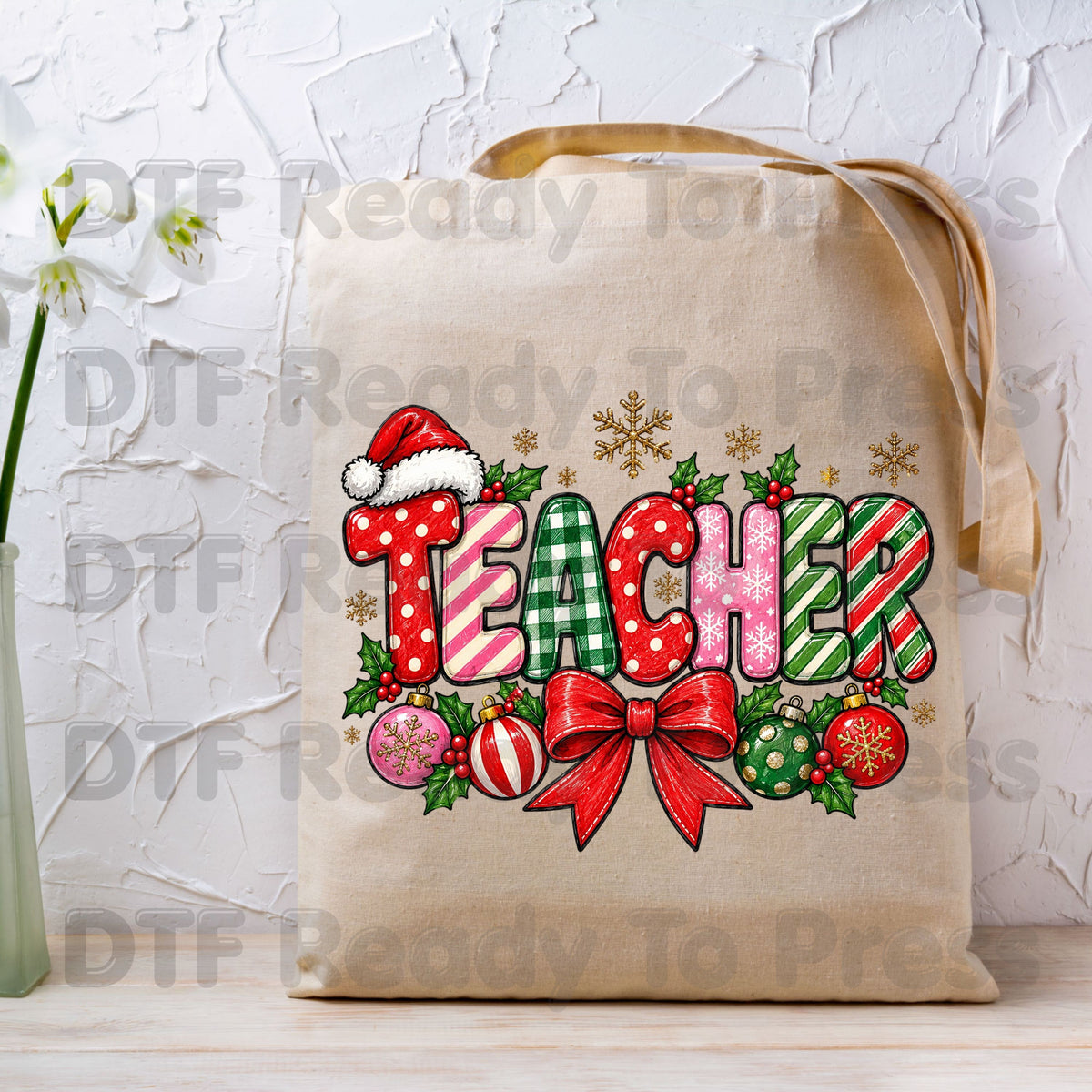 hristmas Teacher DTF Transfers, Holiday School Bow Ornaments Santa Hat Graphic Ready to Press