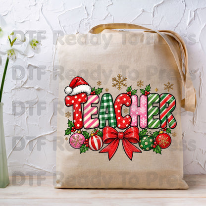 hristmas Teacher DTF Transfers, Holiday School Bow Ornaments Santa Hat Graphic Ready to Press