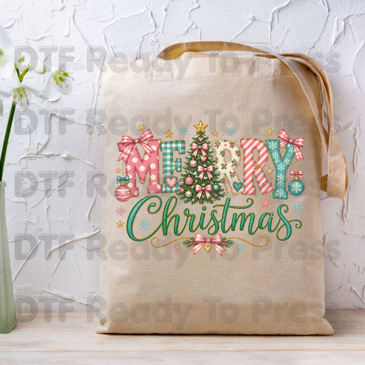 Christmas DTF Transfer, Merry Christmas Tree with Pastel Pink Bows