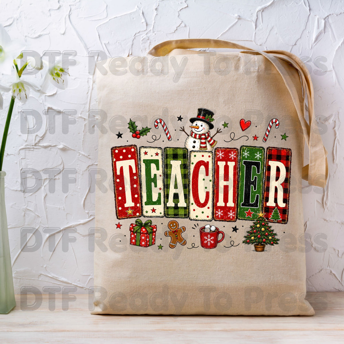 Christmas Teacher Snowman DTF Transfers, School Gingerbread Plaid Holiday Ready to Press