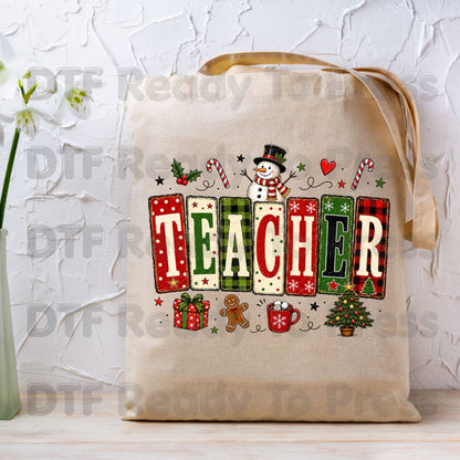 Christmas Teacher Snowman DTF Transfers, School Gingerbread Plaid Holiday Ready to Press