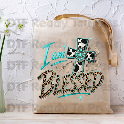 I Am Blessed DTF Transfers, Western Cross Cow Print Turquoise Leopard Faith Ready to Press