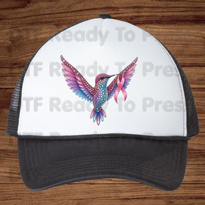 Rhinestone Hummingbird Pink Ribbon Breast Cancer Awareness DTF Transfer Ready to Press Heat Transfer Bird Tee
