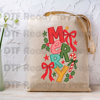 Christmas DTF Transfer, Merry Colorful Letters, Red Bow Candy Cane