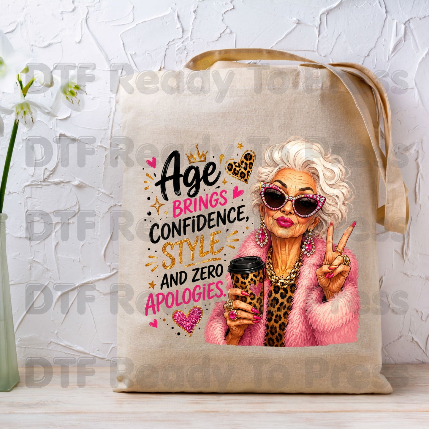 Age Brings Confidence DTF Transfers, Fabulous Glam Senior Woman Leopard Coffee Cup Ready to Press
