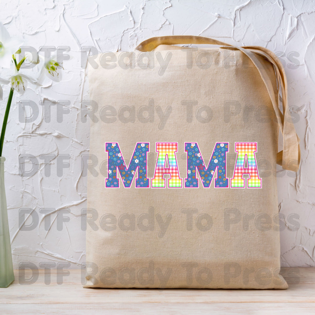 Mama DTF Transfers, Floral Plaid Rainbow Pastel Retro Mama Ready to Press