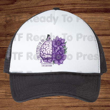 Alzheimers Awareness DTF Transfer Ready to Press I Will Remember For You Brain Purple Flowers Heat Transfer Tee Direct to Film