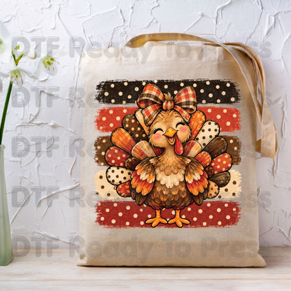 Thanksgiving DTF Transfer, Cute Turkey Bow, Polka Dot Stripes