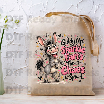 Funny Donkey DTF Transfers, Giddy Up Sparkle Farts Cute Chaos Quote Ready to Press