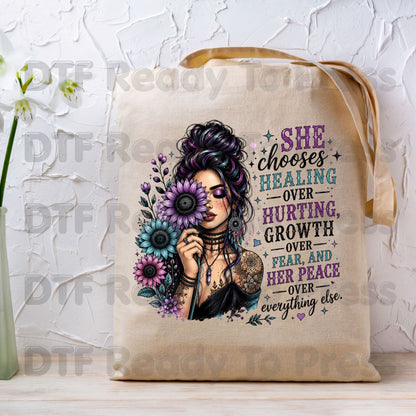 Inspirational Healing Woman DTF Transfers, She Chooses Healing Over Hurting Floral Messy Bun Sunflower Motivational Ready to Press