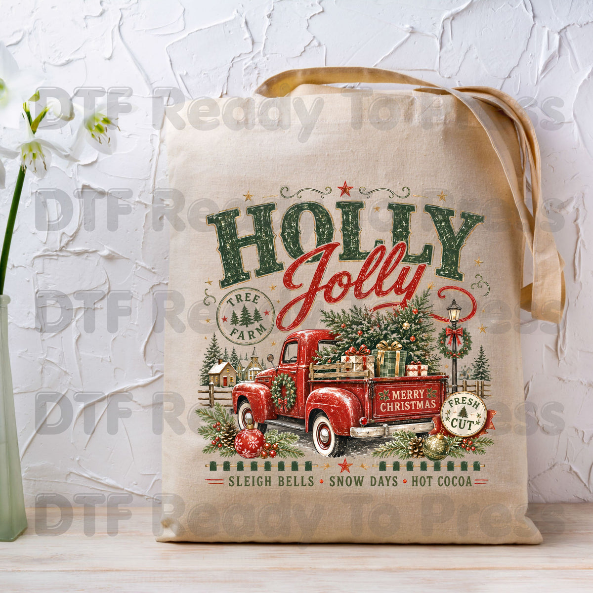 Holly Jolly Christmas DTF Transfers, Red Truck Tree Farm Vintage Holiday Ready to Press
