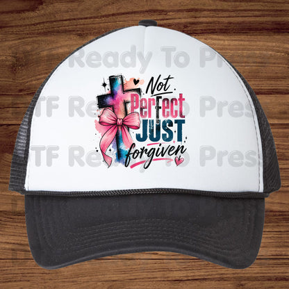 Christian DTF Transfer Not Perfect Just Forgiven Religious Transfer Ready to Press Heat Transfer for Shirts Watercolor Cross Pink Bow Tee