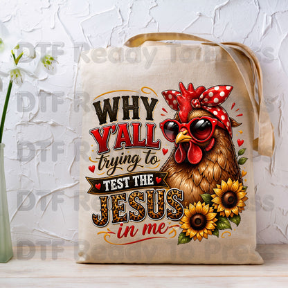 Test the Jesus in Me DTF Transfers, Funny Chicken Bandana Country Christian Quote Ready to Press