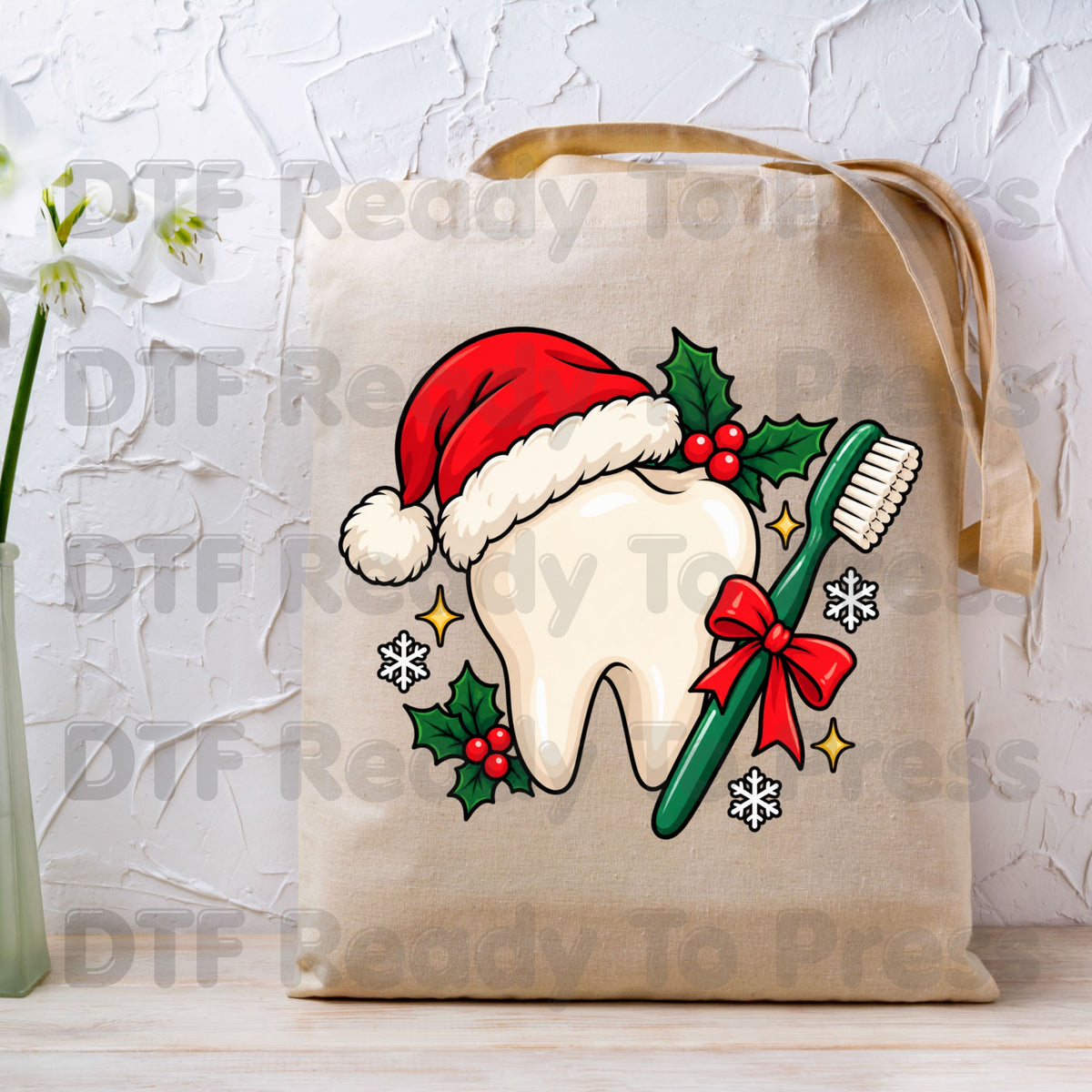 Christmas Tooth Santa Hat DTF Transfers, Dental Holiday Toothbrush Dentist Graphic Ready to Press