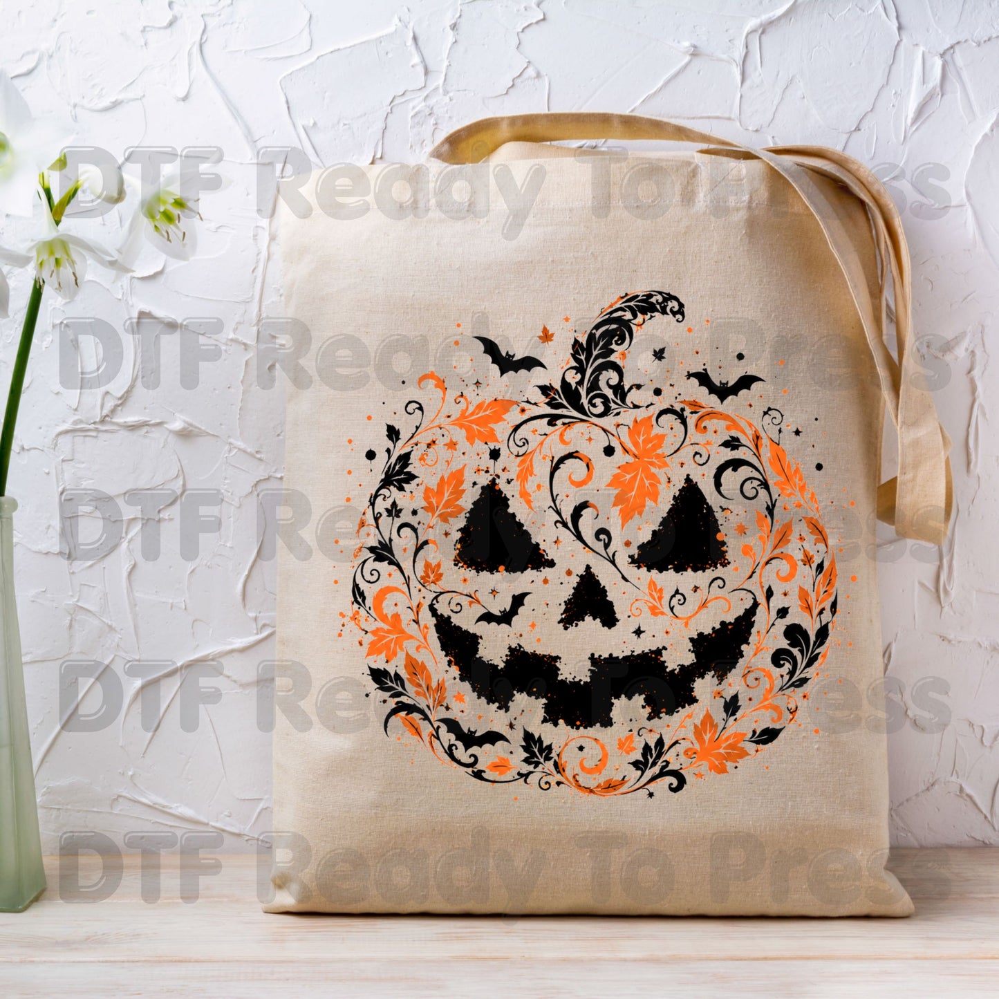 Halloween Pumpkin Face DTF Transfers, Intricate Floral Swirl Gothic Spooky Ready to Press