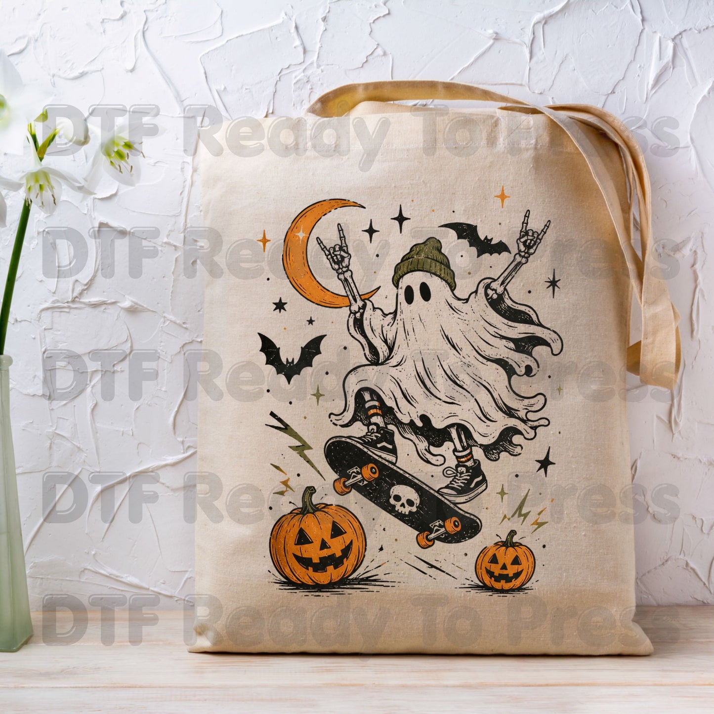 Halloween Skater Ghost DTF Transfers, Rock On Skateboarding Skeleton Crescent Moon Pumpkins Bats Spooky Ready to Press
