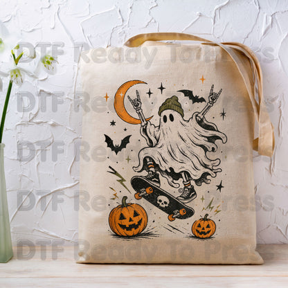Halloween Skater Ghost DTF Transfers, Rock On Skateboarding Skeleton Crescent Moon Pumpkins Bats Spooky Ready to Press