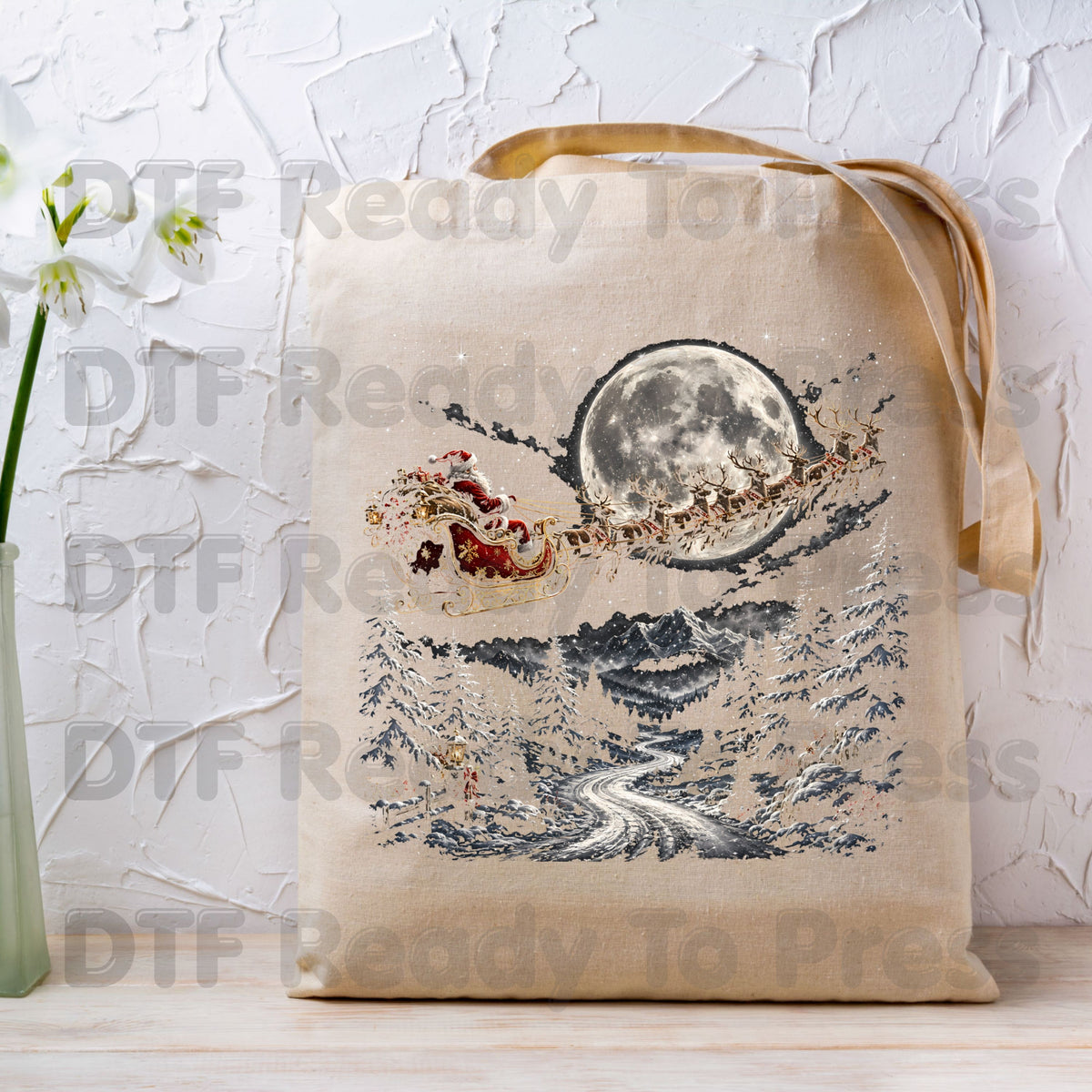 Christmas Santa DTF Transfers, Sleigh Flying Over Full Moon Vintage Winter Forest Ready to Press