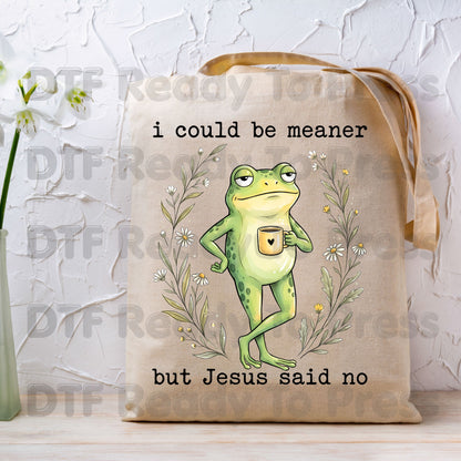 Funny Frog DTF Transfers, I Could Be Meaner But Jesus Said No Sarcastic Christian Ready to Press