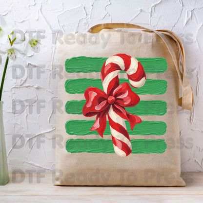 Candy Cane DTF Transfers, Red Bow Green Striped Background Vintage Christmas Holiday Ready to Press