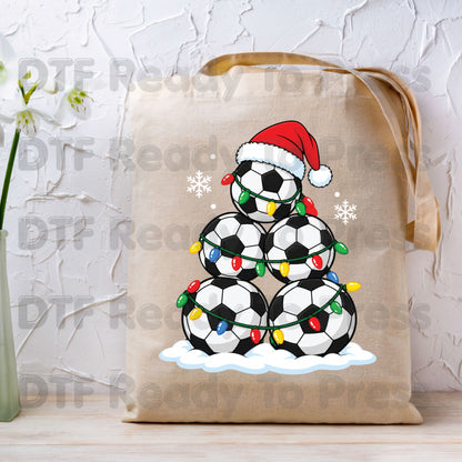 Christmas DTF Transfer, Soccer Ball Christmas Tree, Santa Hat and Lights Graphic