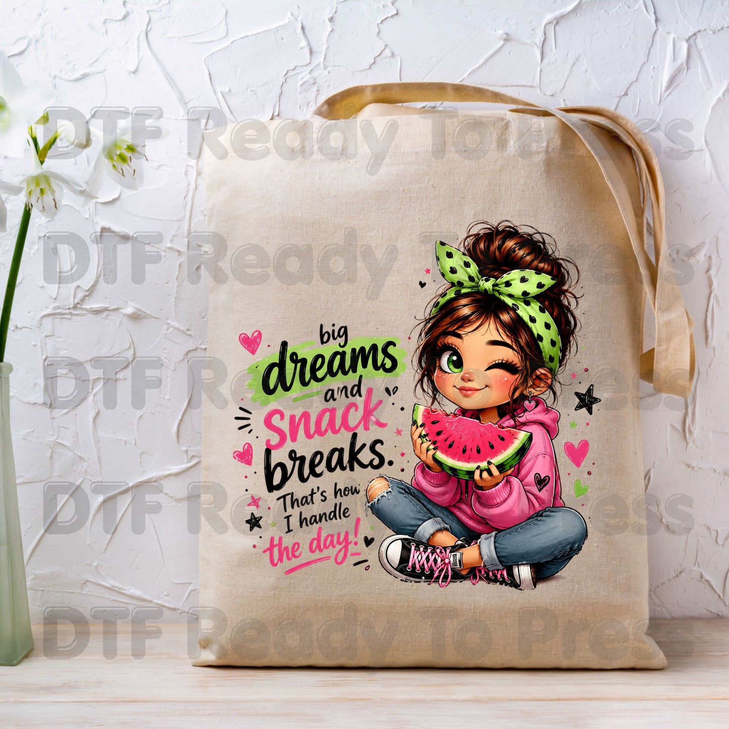 Big Dreams Snack Breaks DTF Transfers, Cute Watermelon Girl Sassy Summer Quote Ready to Press