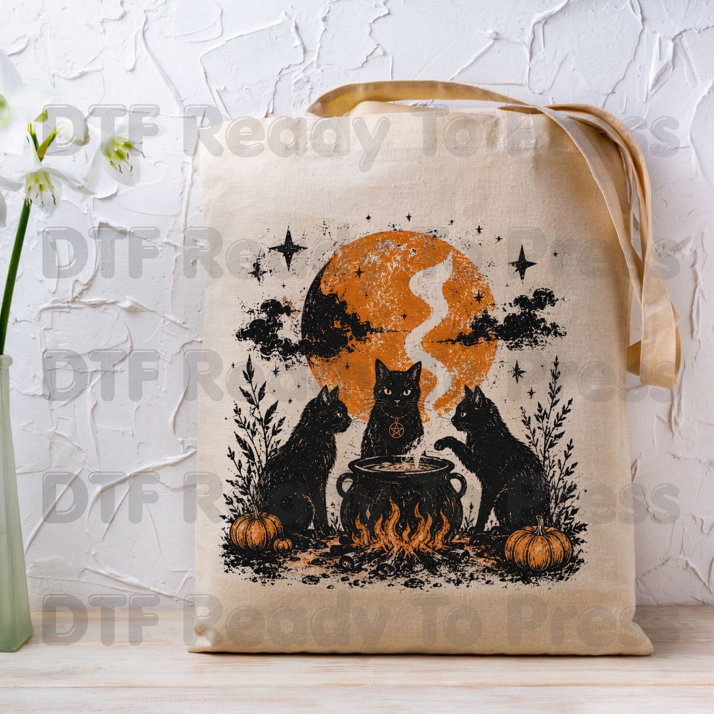 Vintage Halloween Black Cats DTF Transfers, Cauldron Witchy Moon Pumpkins Spooky Ready to Press