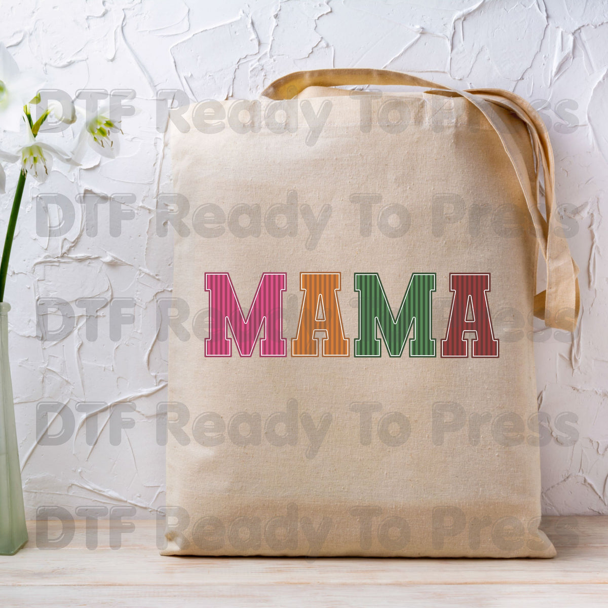 Mama DTF Transfers, Striped Colorful Retro Varsity Letter Mama Ready to Press