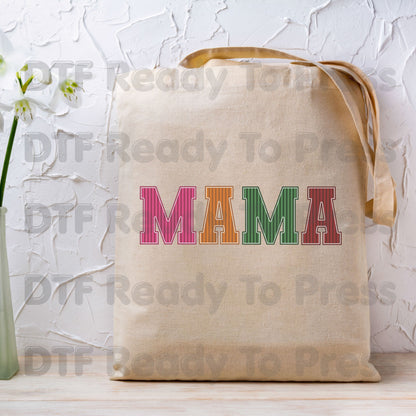 Mama DTF Transfers, Striped Colorful Retro Varsity Letter Mama Ready to Press