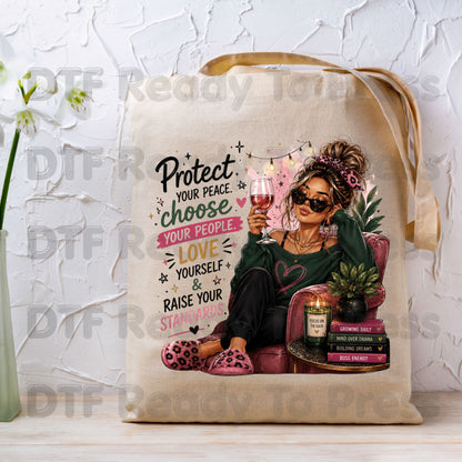 Inspirational Self Care Girl DTF Transfers, Protect Your Peace Love Yourself Wine Woman Quote Ready to Press